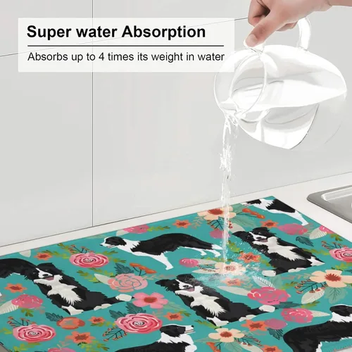 Miniatura 5 de Tapete de secado de platos para encimera de cocina, tapete escurridor antideslizante Border Collie Florals, almohadilla de secado de platos