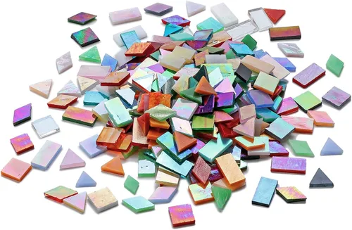 Miniatura 7 de Lanyani Azulejos de Mosaico de Vidrio Iridiscente a Granel, 4 Formas 700 Piezas de Azulejos de Vidrio Teñido Iridizado Brillante para Manualidades