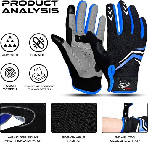 Miniatura 4 de BEAST RAGE Full Finger Cycling Gloves with Padding for Men Women, Anti-Slip, Shock Absorbing, Breathable, Touchscreen Mountain Bike Gloves for BMX