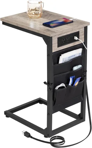 Miniatura 11 de AMHANCIBLE - Mesa auxiliar en forma de C con estación de carga, juego de bandeja para TV de 2 piezas, mesas de sofá con bolsa de almacenamiento