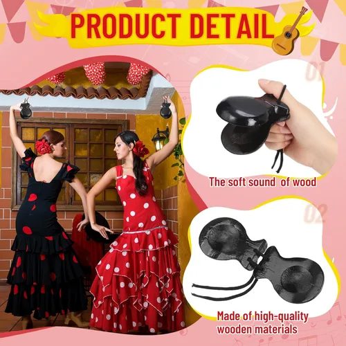 Miniatura 4 de Paquete de 2 castañuelas españolas de flamenco con cuerda, castañuelas de percusión de mano de madera tradicional para adultos, instrumento musical