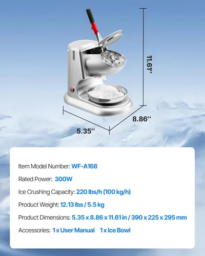 Miniatura 7 de VEVOR Máquina trituradora de hielo, 220 libras por hora, máquina eléctrica de cono de nieve de 4 cuchillas, máquina de hielo afeitado de acero