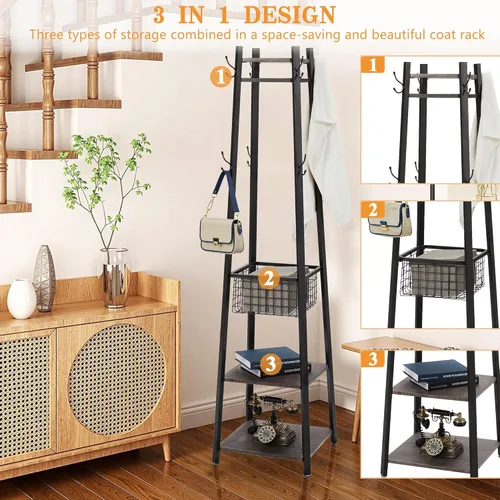 Miniatura 4 de VECELO Perchero independiente, árbol de pasillo con cesta de metal y estantes de almacenamiento, perchero industrial con 8 ganchos para colgar Marrón