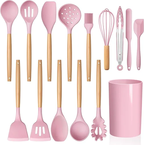 LIANYU - Juego de utensilios de cocina de silicona, 15 piezas, resistentes al calor, con soporte, utensilios de cocina para utensilios de cocina Rosa