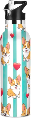 Kids Water Bottle with Straw for School, Kids Stainless Steel Vacuum Insulated Water Bottle for Travel or School 20 Oz, BPA-Free, Cute Dogs Aqua
