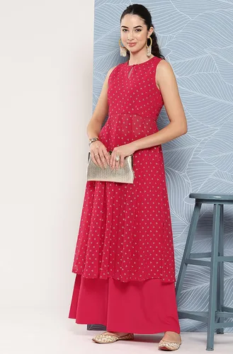 Miniatura 3 de Janasya Kurta con estampado de Georgette rosa indio con palazzo acampanado para mujer