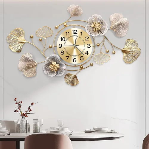 Miniatura 7 de Relojes para sala de estar, reloj de pared grande, reloj de pared silencioso 3D, diseño retro de hoja de ginkgo de metal, para dormitorio, cocina