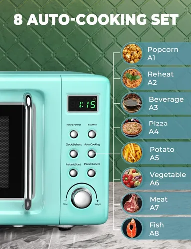 Miniatura 3 de Horno de microondas retro para encimera SIMOE, microondas pequeño de 0.7 pies cúbicos con función de descongelamiento, 5 niveles de potencia, 8