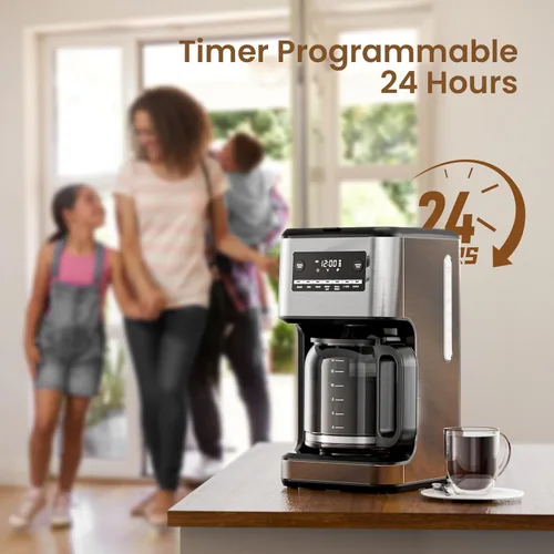Miniatura 5 de Electactic Cafetera, Cafetera programable de 14 tazas con filtro reutilizable y placa de mantener caliente, cafeteras pequeñas automáticas