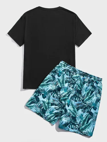 Miniatura 7 de GORGLITTER Conjunto de 2 piezas de camiseta gráfica de manga corta para hombre, estampado hawaiano con cordón y pantalones cortos