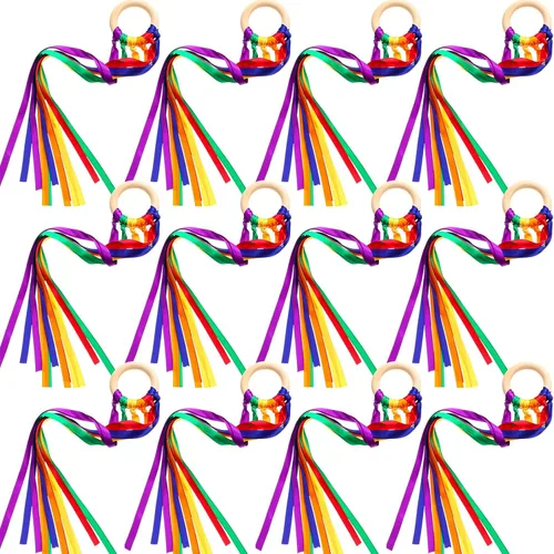 Miniatura 12 de Deekin 12 piezas de cinta de arco iris de madera Waldorf juguetes creativos Waldorf juego de cometas de mano serpentinas con anillo de madera