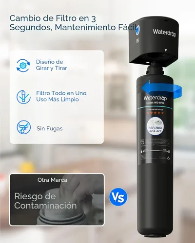 Miniatura 9 de Waterdrop 15UA - Sistema de filtro de agua para debajo del fregadero, 2 años, reduce el plomo, el cloro, el mal sabor y el olor, filtro de agua