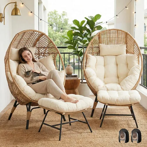 Miniatura 11 de NICESOUL Silla con forma de huevo de mimbre con otomano, silla de salón con cesta de huevo para interior y exterior con cojín, asiento de huevo