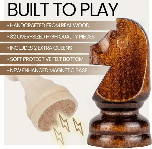 Miniatura 5 de Juego de ajedrez magnético de madera de 15 pulgadas, tablero de ajedrez portátil plegable grande, piezas talladas a mano, ranuras de almacenamiento