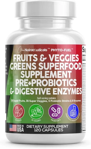 Clean Nutraceuticals Suplemento de frutas y verduras Superalimento rojo y verde - Balance de más de 70 suplementos de frutas y verduras Cápsulas con