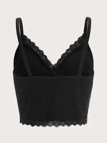 Miniatura 2 de MakeMeChic Camiseta corta sin mangas con cuello en V y ribete de encaje Y2K para mujer