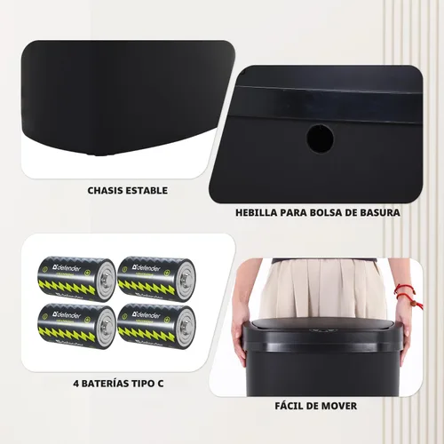 Miniatura 6 de PayLessHere Bote de basura de plástico de 13 galones Negro Tapa automática sin contacto con sensor de movimiento Bote de basura de cocina