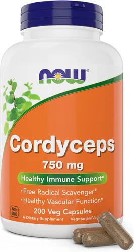 NOW Foods Cordyceps 750mg 200 cápsulas vegetales – Hongo micelio Cordycep Sinensis orgánico en cápsulas no orgánicas – Vegano, sin OMG