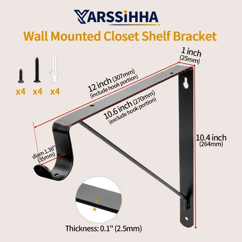 Miniatura 2 de Yarssihha Paquete de 2 Soportes para Barra de Armario, Soporte de Estante de Armario Montado en Pared de 12 x 10.4 Pulgadas, Soporte Negro