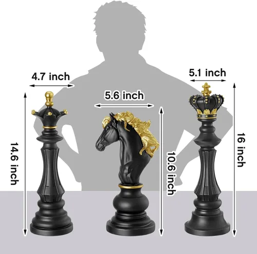 Miniatura 2 de Juego de 3 piezas de decoración de estatua de ajedrez grande, rey y reina, caballero, pieza de ajedrez, escultura, adorno coleccionable