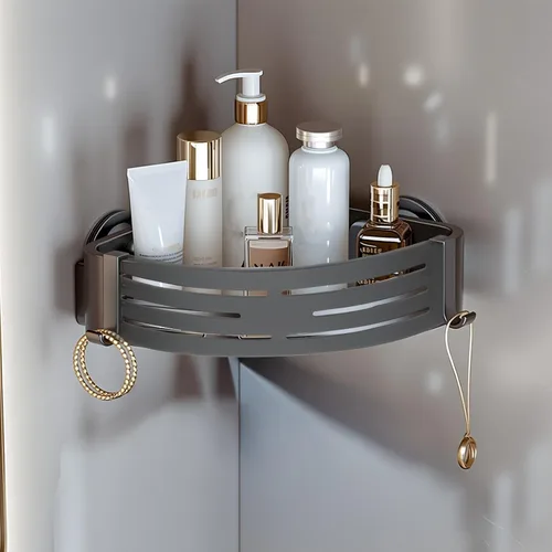 Miniatura 9 de Ventosa de esquina para ducha, aleación de aluminio inoxidable con 4 ganchos, no requiere perforación, estante de almacenamiento extraíble e