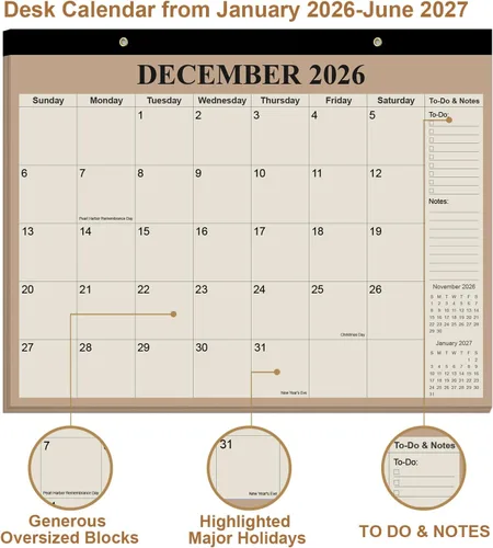 Miniatura 2 de Calendario de escritorio 2026-18 meses, de enero de 2026 a junio de 2027, calendario 2026-2027 con papel grueso para organización escolar en Beige