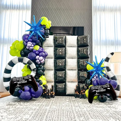 Miniatura 6 de Jobkoo Kit de Guirnalda de Arco de Globos de Videojuegos con Globos de Papel Metálico de Controlador de Juego Globos de Látex Azules Verdes Negros