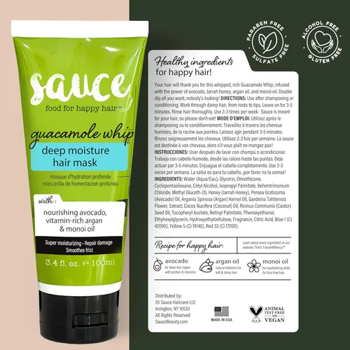 Miniatura 7 de SAUCE BEAUTY Mascarilla Capilar de Acondicionamiento Profundo (3.4 onzas líquidas) Mascarilla Capilar Guacamole Whip para Cabello Dañado y Control