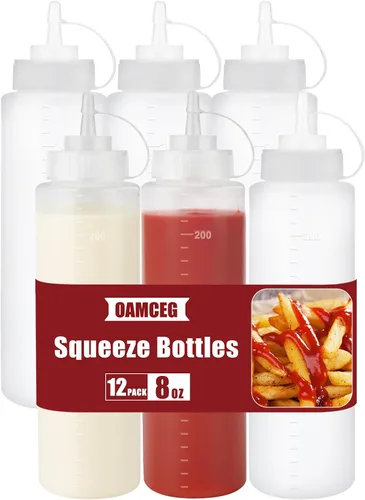 OAMCEG Botellas exprimibles de 8 onzas, paquete de 6 botellas de condimentos de plástico duradero, botella para chorro con medidas discretas, para