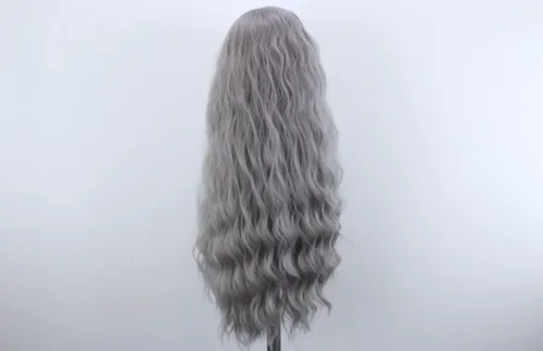 Miniatura 4 de Pelucas de encaje frontal sintéticas largas y rizadas de color gris para mujeres, parte central, línea natural del cabello, pelucas de encaje