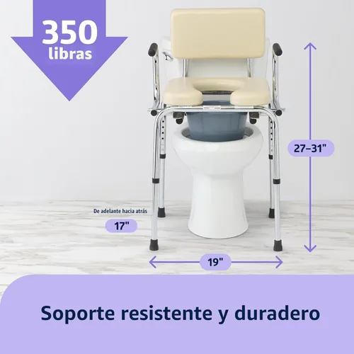 Miniatura 2 de Medline Cómoda de brazo abatible con asiento y respaldo acolchados, silla de inodoro duradera para adultos y personas mayores, cubo removible