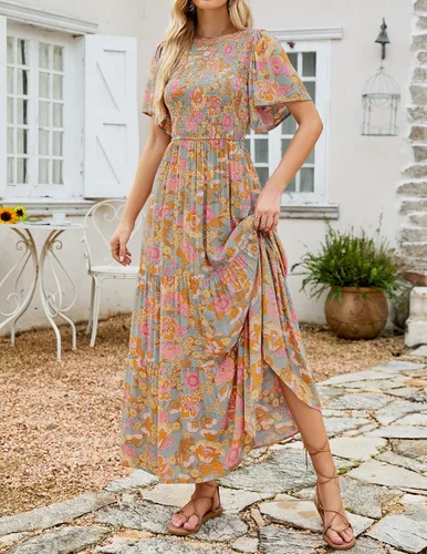 Miniatura 2 de ZESICA Women's 2023 Summer Casual Floral Print Short Flutter Sleeve Crew Neck Smocked High Waist Flowy Maxi Dress