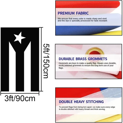 Bandera negra de Puerto Rico, poliéster de 3 x 5 pies, perfecta para hogares, eventos, desfiles, protestas, etc. (negro)