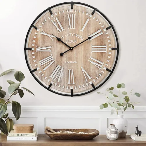 Miniatura 5 de Reloj de pared grande de granja, reloj de pared de madera rústica de 24 pulgadas decorativo con círculo de metal y números grabados, funciona