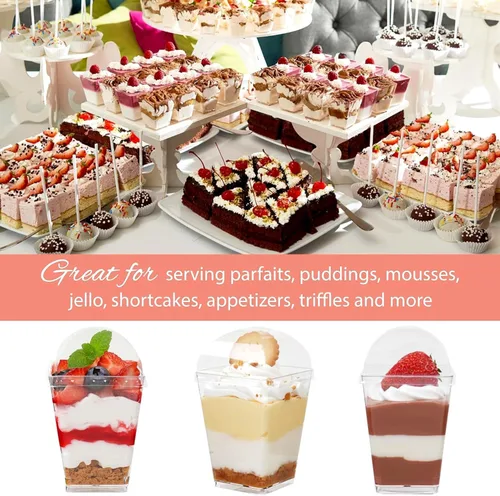 Miniatura 4 de Zezzxu Paquete de 100 Tazas de Postre de 5 oz con Tapas de Cúpula y Cucharas, Tazas de Pudín de Plástico con Tapas Mini Tazas de Parfait Shooter