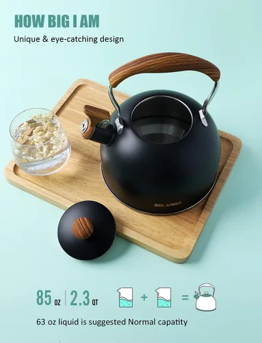 Miniatura 3 de Hervidor de Té, BELANKO 85 OZ / 2.5 Litros Hervidor de Té Silbante, Teteras para Estufa de Acero Inoxidable Grado Alimentario con Mango Plegable