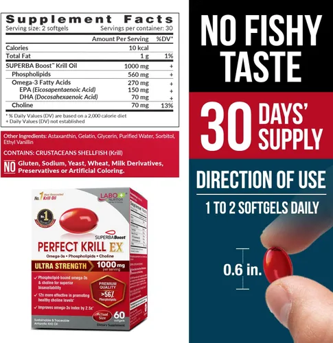 Miniatura 2 de LABO Nutrition Perfect Krill EX, 1000 mg de aceite de krill antártico Omega 3 EPA DHA, los fosfolípidos más altos (más del 56%) con colina