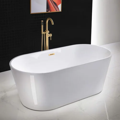 WOODBRIDGE - Bañera de acrílico independiente, 67 pulgadas, contemporánea, bañera de remojo color blanco con desbordamiento y desagüe de oro Oro