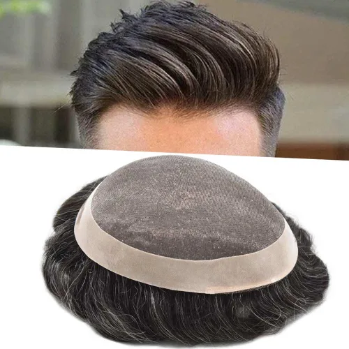 Miniatura 55 de Tupé para hombre, pieza de cabello humano real, monofilamento, tupé para hombres, postizos, unidades de sistema de reemplazo de cabello, gris