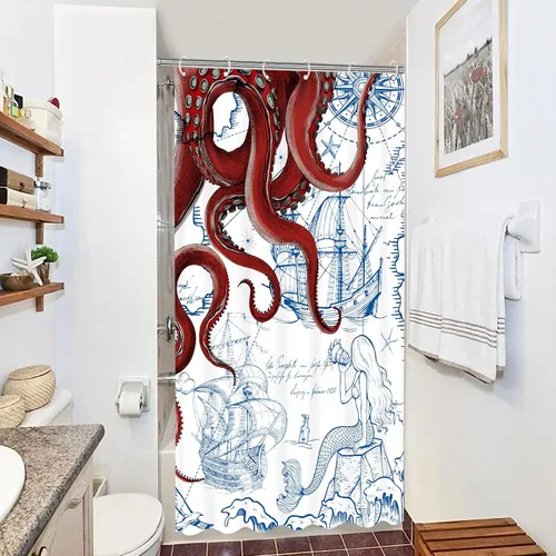 Miniatura 4 de Fungarth Cortina de Ducha Puesto Náutica de Pulpo Rojo Azul Marino Sirena Divertida Océano Kraken Cortinas de Ducha para Baño Ancla Genial Mapa