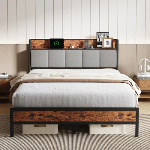 Novilla Base de cama Queen con estación de carga USB/tipo C y cabecera de almacenamiento, marco de cama de plataforma de metal moderno, fácil