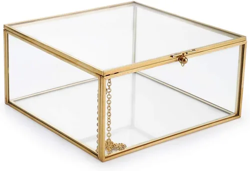 Hipiwe Caja organizadora de joyas de vidrio vintage, caja de recuerdo de metal dorado, organizador de joyas de escritorio, regalo de cumpleaños de