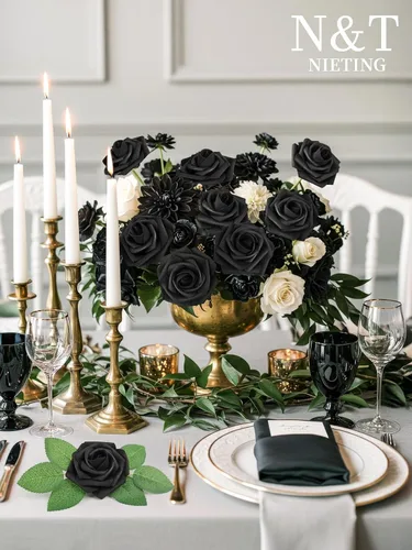 Miniatura 217 de N&T NIETING Flores artificiales, rosas artificiales de color rosa intenso, 50 piezas de flores falsas con tallo para ramos de boda DIY, centros