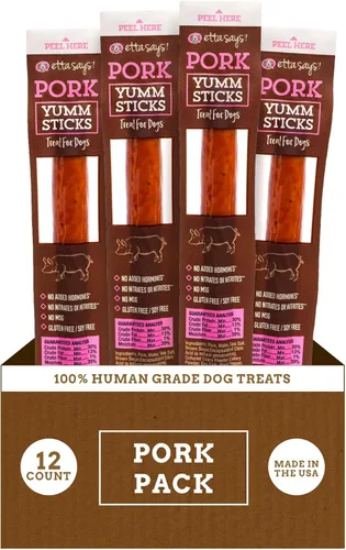 etta says! Yumm Sticks - Golosinas de carne real de cerdo para perro, grado humano, fabricadas en los Estados Unidos (paquete de 12 unidades, 1)