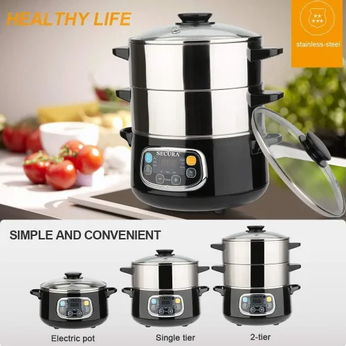 Miniatura 2 de Secura Vaporizador eléctrico de alimentos, cestas apilables de doble nivel con temporizador, 1200 W, calentamiento rápido, acero inoxidable