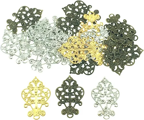Miniatura 12 de ALIMITOPIA 30 conectores colgantes de filigrana, suministros de decoración de laminado de metal para bricolaje, horquilla, aretes, disfraces