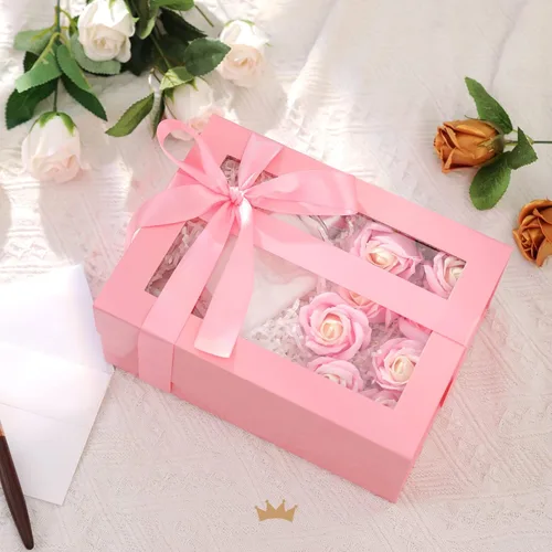 Miniatura 5 de PACKQUEEN Caja de regalo rosa con ventana, 9x6.5x3.8 pulgadas, caja de regalo transparente para regalos, contiene cinta, tarjeta, caja de regalo