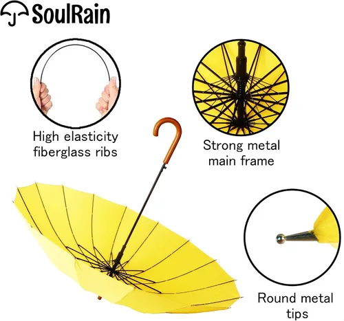 Miniatura 74 de SoulRain Paraguas de palo de 16 varillas de 48 pulgadas, apertura automática, color sólido, moderno y simple, mango de madera clásico de arco