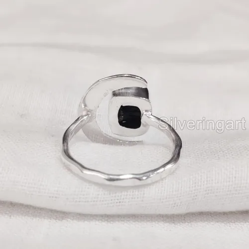 Miniatura 3 de Anillo de turmalina negra natural, anillo ajustable de luna creciente de turmalina áspera, octubre, plata de ley 925, anillo para mujer, Navidad