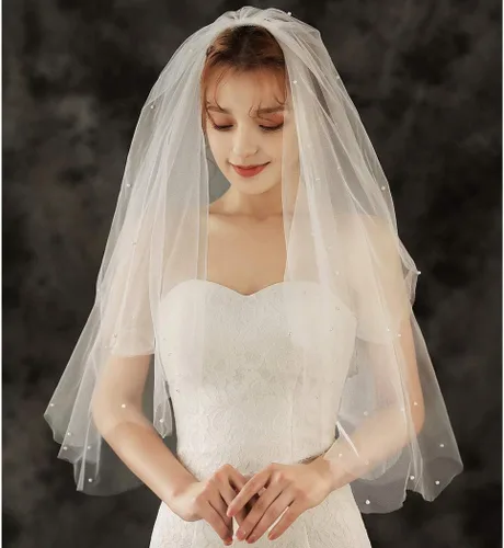 Velo de novia de perlas con peine de 2 niveles cortos hasta la cadera, velos de novia de tul suave, accesorios para el cabello para novias (marfil),